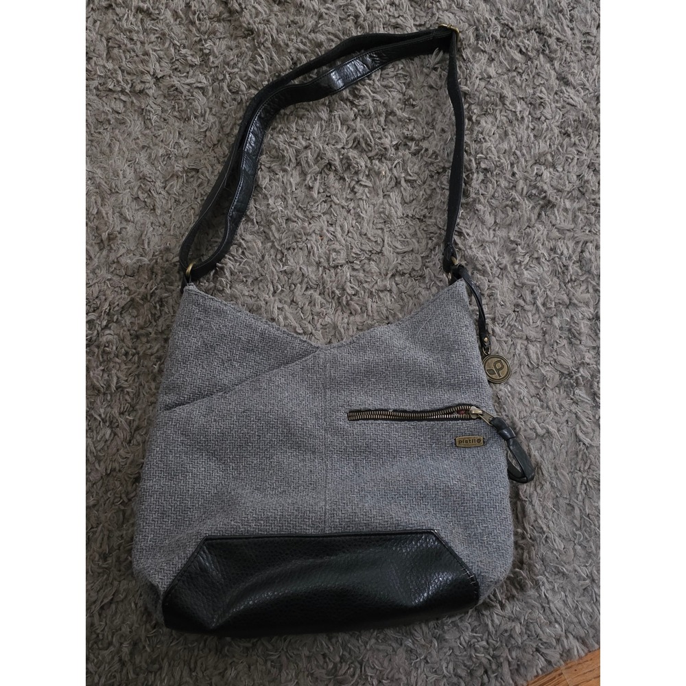 Pistil Womens Grey Herringbone Crossbody Bag Black Faux Leather Trim Adjustable